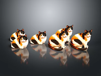 Six Calico Cats With Black White And Orange Fur Sitting On Black Reflective Surface 3d model