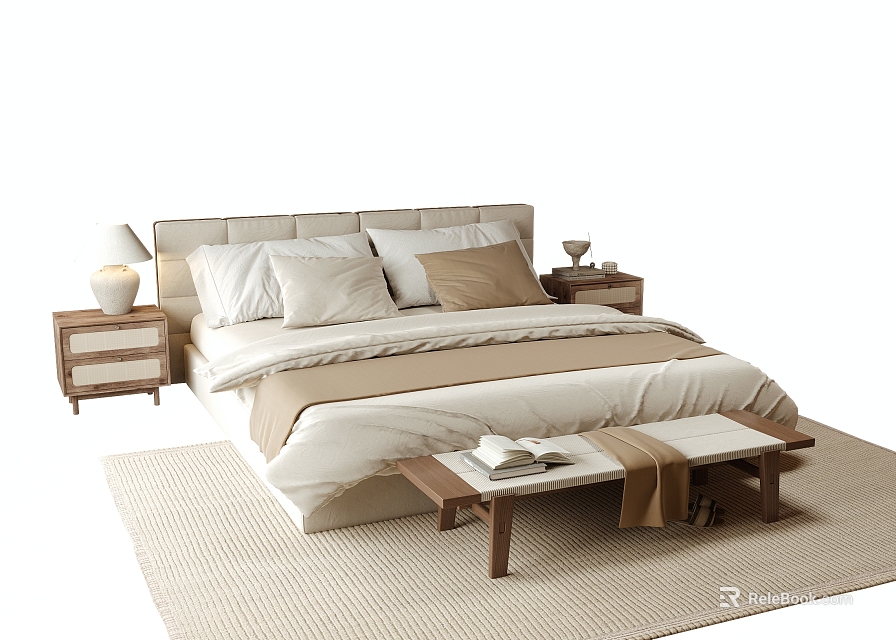 Cozy Modern Double Bed With Beige Pillows Bedside Tables Table Lamp And Bench On Rug 3d model 