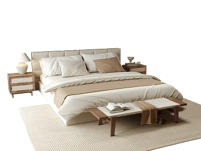 Cozy Modern Double Bed With Beige Pillows Bedside Tables Table Lamp And Bench On Rug 3d model