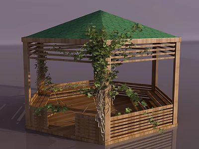 Wooden Gazebo With Green Roof And Climbing Vines Open Structure Design 3d model