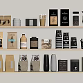 Assorted Packaged Food On Wooden Shelves Featuring Brown Black Beige Paper Bags Jars And Cups