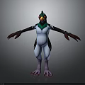 3D Fantasy Character Creature With Green Head Yellow Eyes Blue White Body And Purple Claws