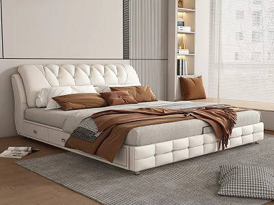 Modern White Tufted Double Bed With Brown Pillows Blanket Grey Rug Wooden Floor And Bookshelf 3d model