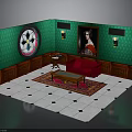 Vintage Living Room Interior With Green Walls Round Window Red Sofa Area Rug Coffee Table And Portrait