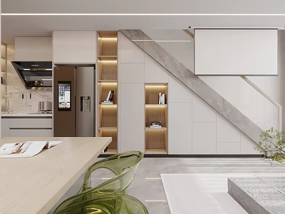 Modern Apartment Interior With Kitchen Built In Shelves And Dining Area 3d model