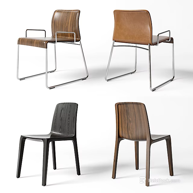 Sleek Leisure Chair Collection With Wooden Leather Seats Brown Black Tones And Metal Frames 3d model 