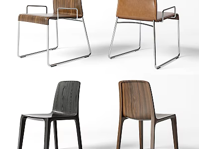Sleek Leisure Chair Collection With Wooden Leather Seats Brown Black Tones And Metal Frames 3d model