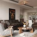 Modern Living Dining Room Interior With Brown Sofa Wooden Table Artwork Plants And Chandelier