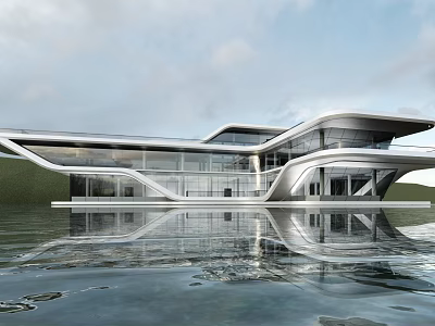 Modern Streamlined Visitor Center With Glass Curtain Wall And Water Reflection View 3d model