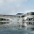 Modern Streamlined Visitor Center With Glass Curtain Wall And Water Reflection View 3d model