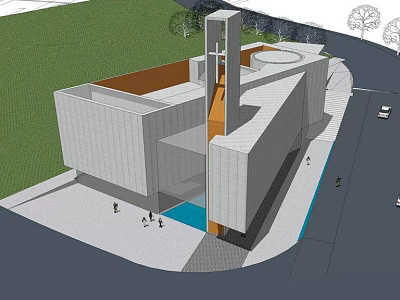 Shower Sauna Modern Building Featuring Geometric Design Urban Green Space And Pedestrians 3d model