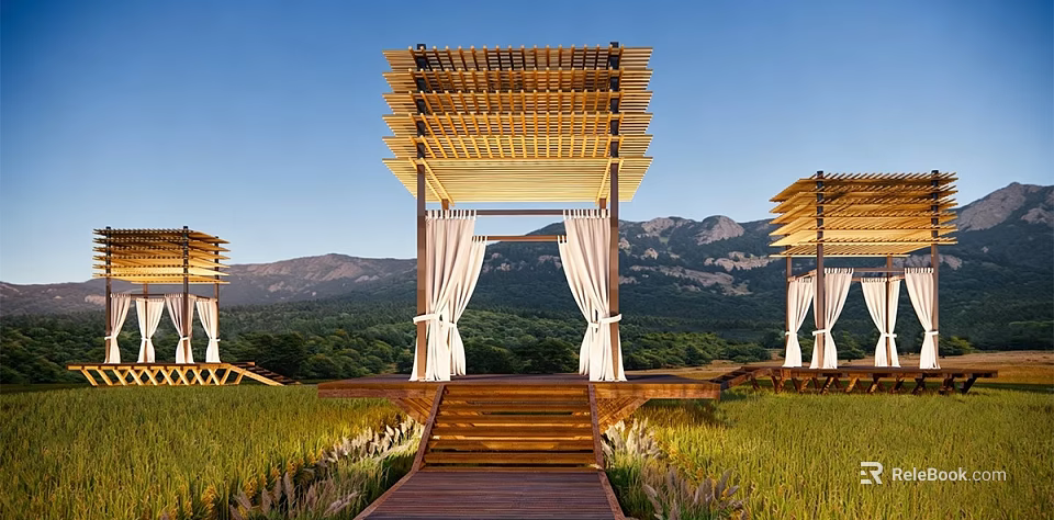Elegant Wooden Pergola Layered Roof Design With White Curtains Mountain View Walkway 3d model 