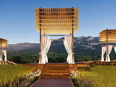 Elegant Wooden Pergola Layered Roof Design With White Curtains Mountain View Walkway 3d model