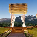 Elegant Wooden Pergola Layered Roof Design With White Curtains Mountain View Walkway
