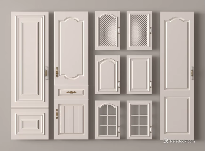 Collection Of White Wardrobe Doors Featuring Different Patterns And Handles 3d model 