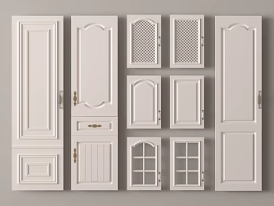 Collection Of White Wardrobe Doors Featuring Different Patterns And Handles 3d model