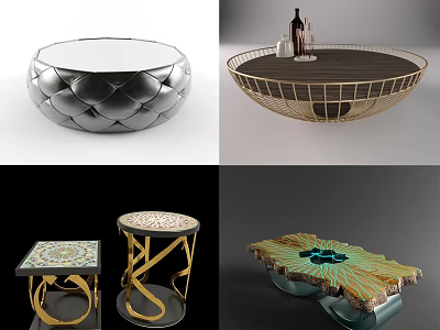 Various Coffee Table Designs With Metallic Frames Patterned Tabletops And Gold Silver Shapes 3d model