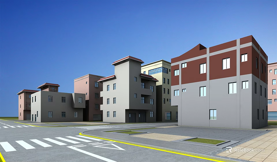 Multi Story Residential Buildings With Various Colors Along Urban Street Under Blue Sky 3d model 