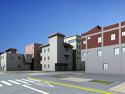 Multi Story Residential Buildings With Various Colors Along Urban Street Under Blue Sky 3d model