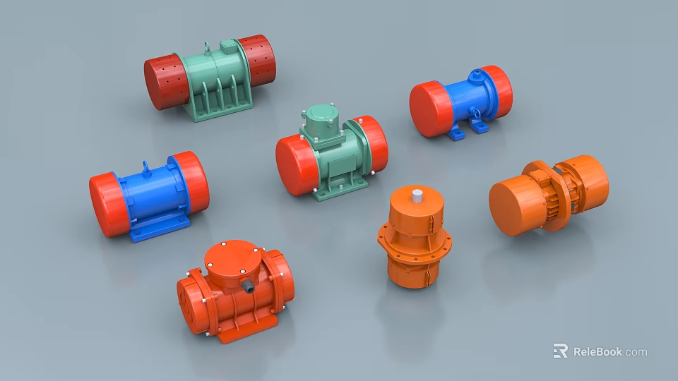 Colorful Industrial Electric Motors in Green Blue and Orange Arrangement 3d model 