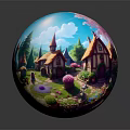 Cartoon Village With Colorful Cottages Pointed Roofs Stone Pathways And Lush Garden Flowers