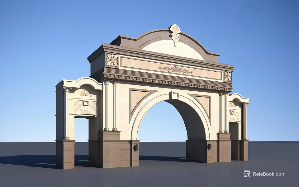 Classical Arched Entrance Gate With Decorative Top And Beige Brown Stone Pillars 3d model 