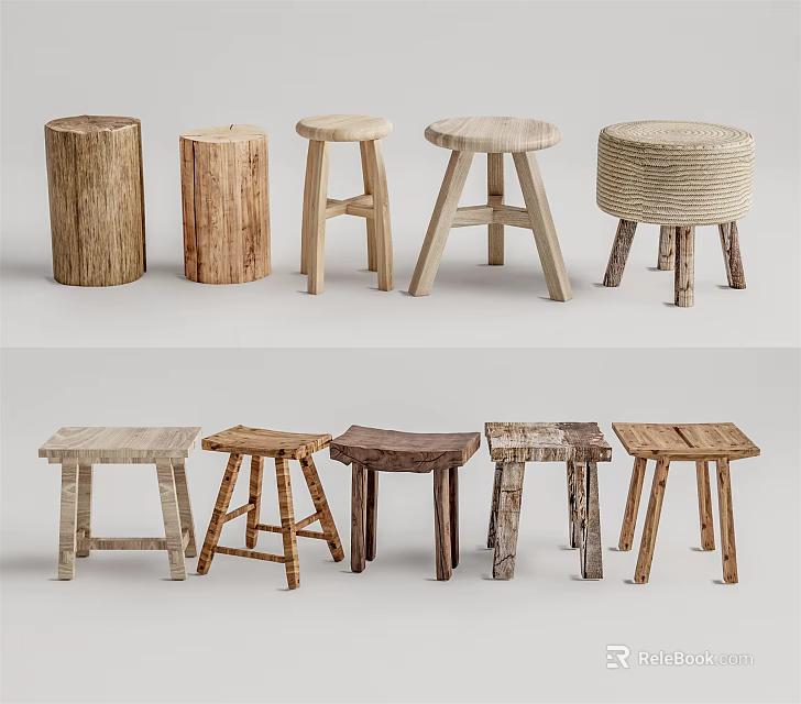 Various Rustic Wooden Stool Designs With Natural Materials And Unique Structures 3d model 