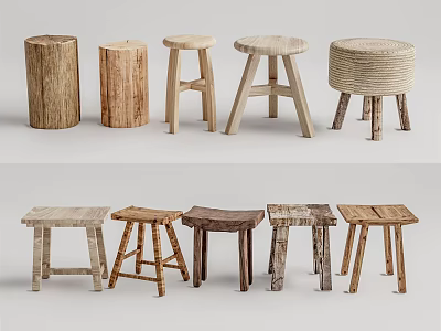 Various Rustic Wooden Stool Designs With Natural Materials And Unique Structures 3d model