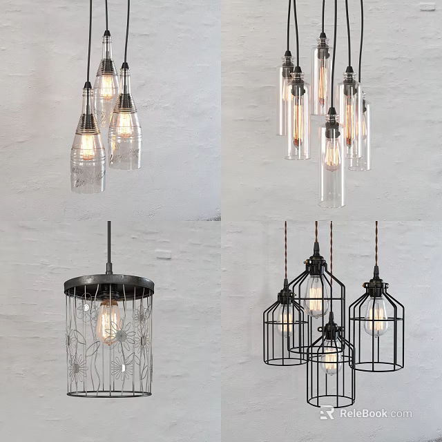Modern Industrial Pendant Lights With Glass Metal Frames And Exposed Bulbs For Home Decor 3d model 