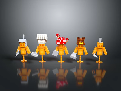 Various Yellow Block Characters with Mushroom and Animal Head Decorations Holding White Items 3d model