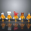 Various Yellow Block Characters with Mushroom and Animal Head Decorations Holding White Items