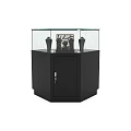 Jewelry Display Case with Glass Top and Wooden Cabinet Featuring Black Mannequins and Decorative Object