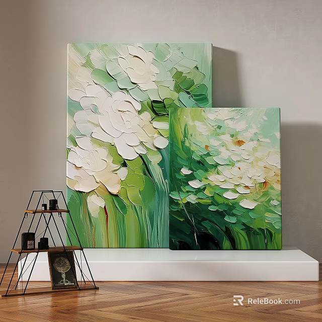 Green and White Floral Abstract Paintings With Impasto Texture For Home Decor 3d model