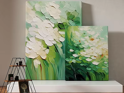Green and White Floral Abstract Paintings With Impasto Texture For Home Decor 3d model