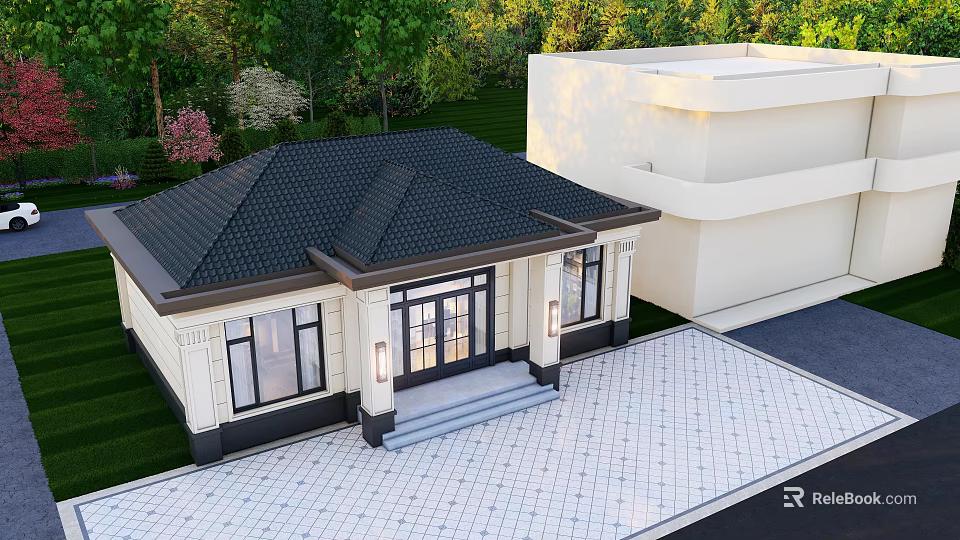 Detached Villa With Black Roof Cream Exterior Large Windows Green Lawn And Paved Driveway 3d model 