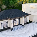 Detached Villa With Black Roof Cream Exterior Large Windows Green Lawn And Paved Driveway