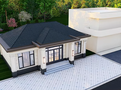 Detached Villa With Black Roof Cream Exterior Large Windows Green Lawn And Paved Driveway 3d model