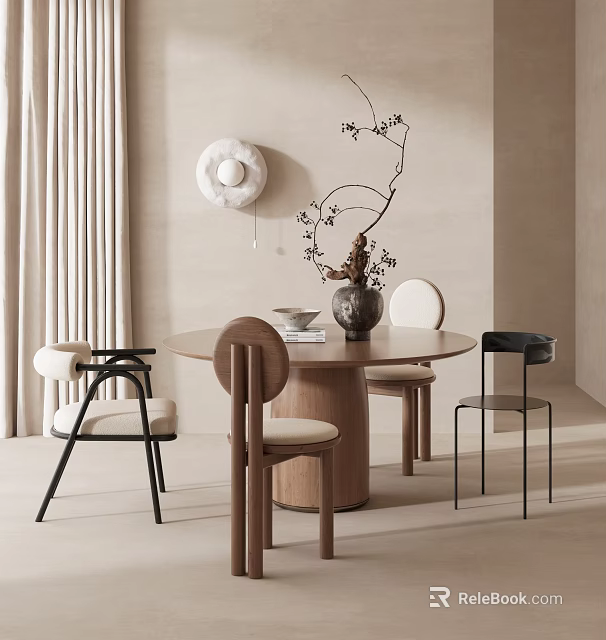 Modern Round Dining Table Set with Mixed Design Chairs Wall Decor and Curtains 3d model 