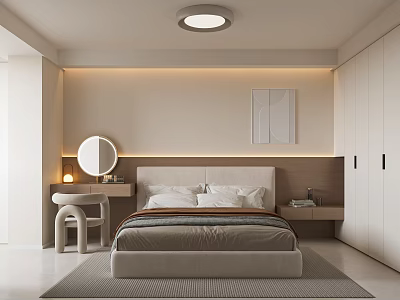 Modern Bedroom Interior With Beige Bed Wardrobe Dressing Table And Soft Lighting Artwork 3d model