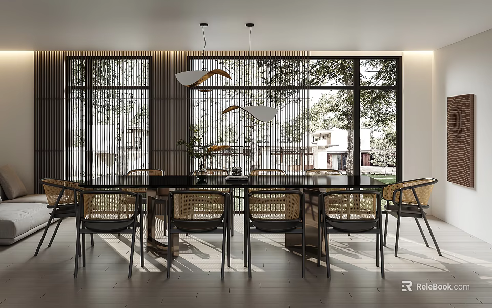 Modern Dining Table Set With Unique Pendant Lights Large Windows Green Plants And Bright Lighting 3d model 