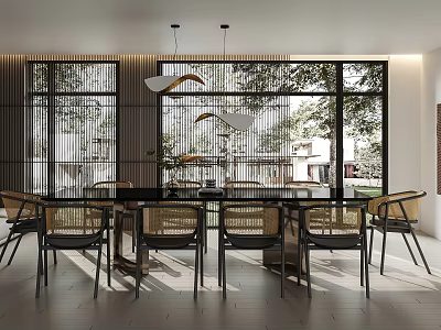 Modern Dining Table Set With Unique Pendant Lights Large Windows Green Plants And Bright Lighting 3d model