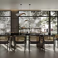 Modern Dining Table Set With Unique Pendant Lights Large Windows Green Plants And Bright Lighting
