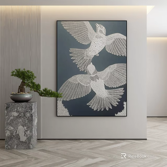 Modern Interior Wall Featuring Bird Painting Stone Pedestal And Green Plant 3d model