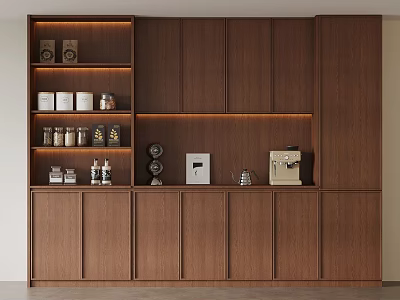 Wooden Kitchen Storage Cabinet With Shelves Coffee Machine And LED Lighting 3d model