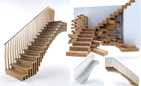 Modern Stair Creative Arc Shaped Solid Wood Stair Handrail Combination Straight Ladder Solid Wood Stair Arc Shaped Creative Wooden Stair 3d model