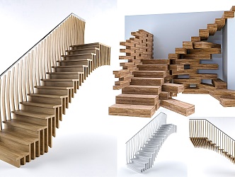 Modern Stair Creative Arc Shaped Solid Wood Stair Handrail Combination Straight Ladder Solid Wood Stair Arc Shaped Creative Wooden Stair 3d model