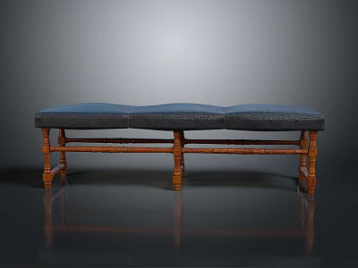 Classic Wooden Bench With Three Section Blue Upholstered Seat And Decorative Legs 3d model