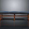 Classic Wooden Bench With Three Section Blue Upholstered Seat And Decorative Legs