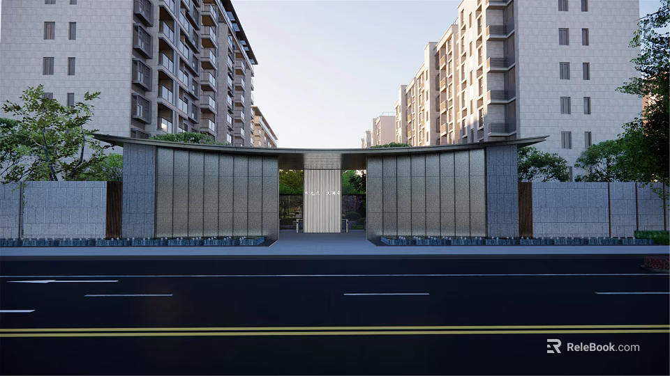 Modern Entrance Gate With Glass Metal Structure And High Rise Apartment Buildings 3d model 