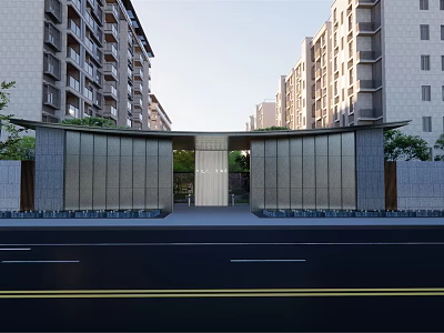 Modern Entrance Gate With Glass Metal Structure And High Rise Apartment Buildings 3d model